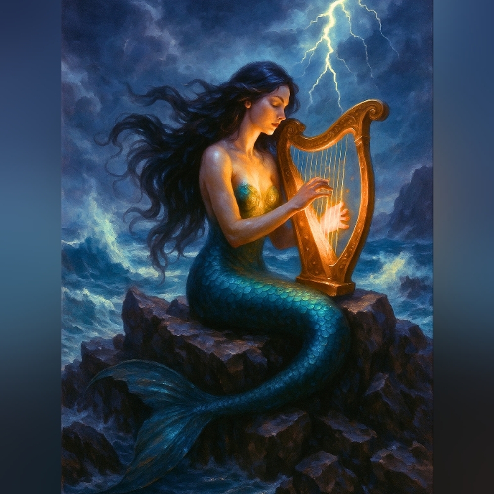 Mermaid with Harp Art Print